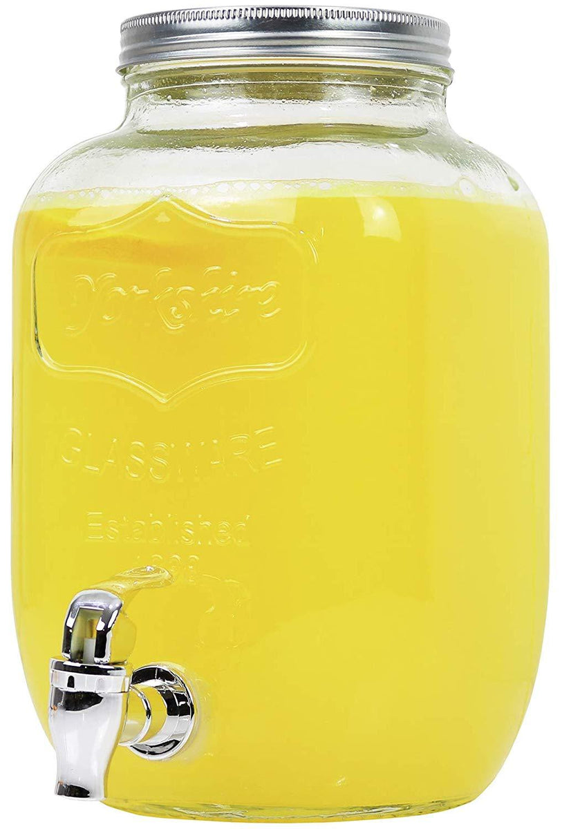 Fluted 1-Gallon Drink Dispenser. Glass Beverage Dispenser with Stainless  steel Spigot plus Ice Cylinder and Fruit Infuser! Water Dispenser, Lemonade