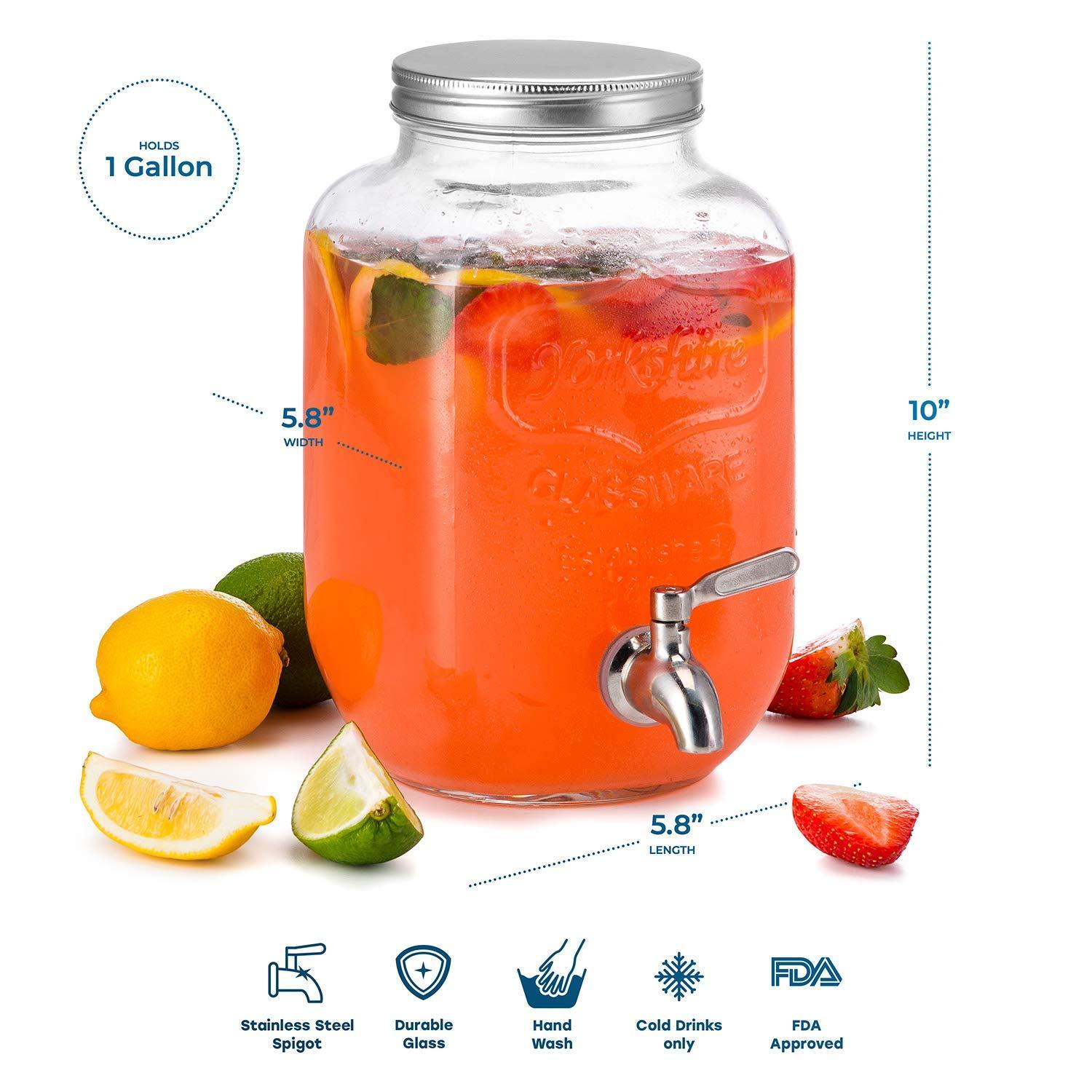 NutriChef 1-Gallon Glass Beverage Dispenser - Mason Jar Style Drink  Container Jug w/ Stainless Steel Spigot & Plastic Ice Infuser, Wide Mouth  Easy