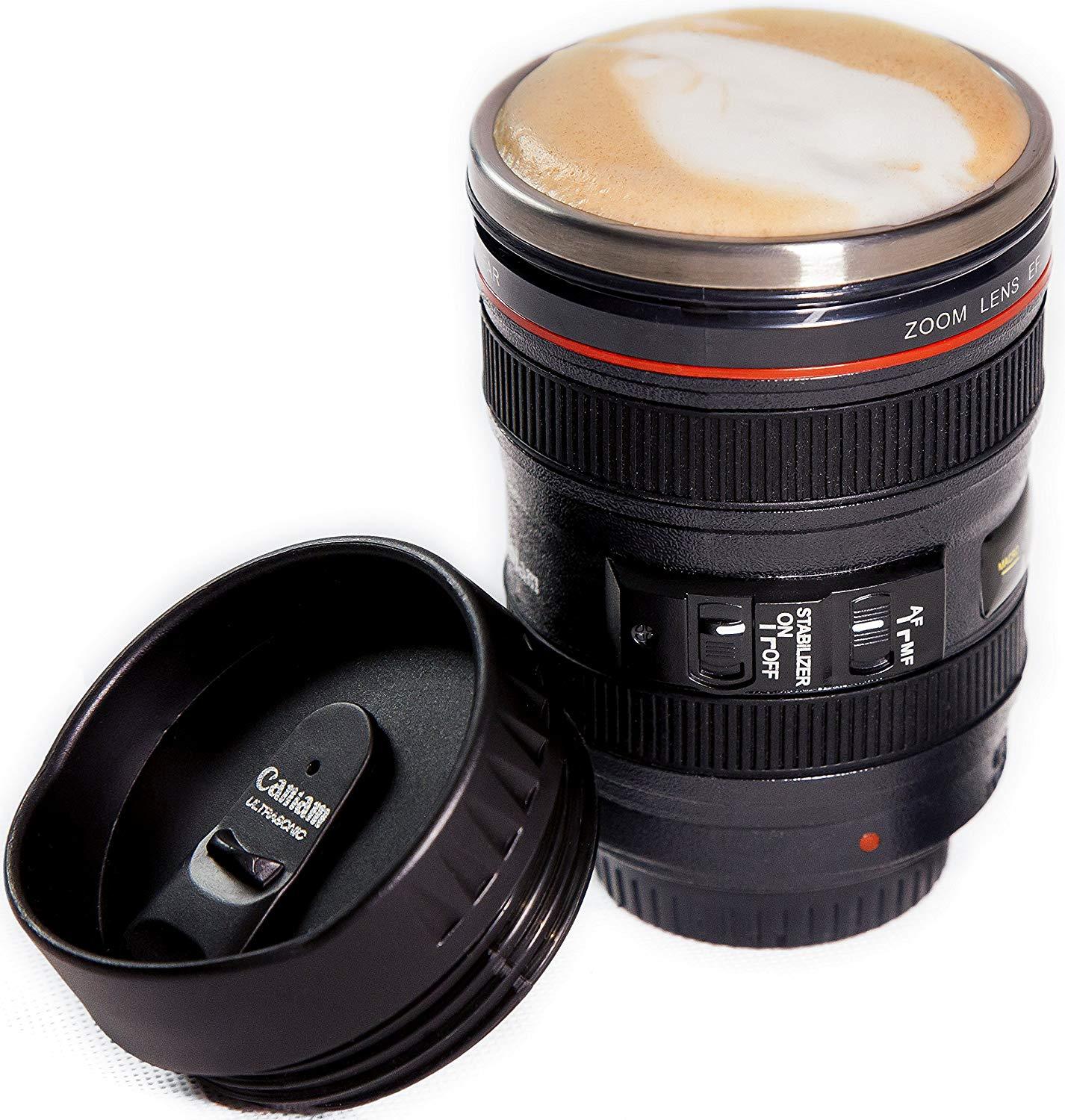 BPA Free Camera Lens Stainless Steel Travel Coffee Mug, Cup, Thermos